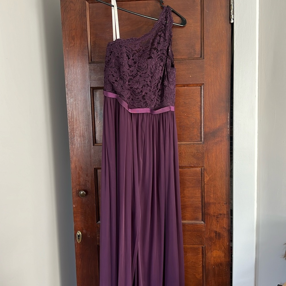 David’s Bridal One Shoulder Long Lace Bridesmaid Dress in Plum Purple